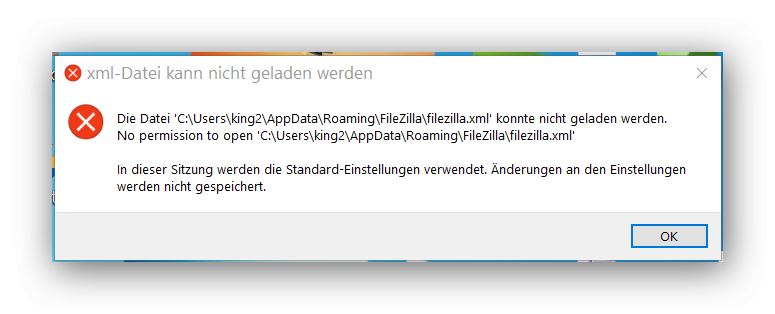 FileZilla bringt bei Windows 10 64Bit 3 Fehlermeldungen