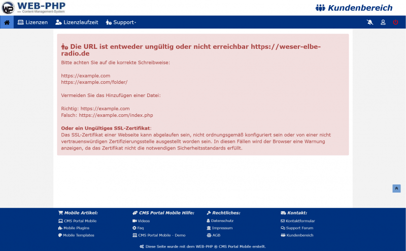 URL Änderung im Kundenbereich nicht möglich